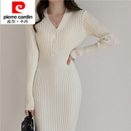 皮爾卡丹（pierre cardin）冬中長(cháng)裙氣質(zhì)V領(lǐng)輕熟風(fēng)杏色修身打底裙針織彈力顯瘦包臀毛線(xiàn)裙 杏色 均碼