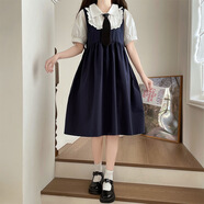 Baldauren女大童連衣裙10-19歲初高中學(xué)生少女孩夏季中長(cháng)裙娃娃領(lǐng)胖童大碼 521藏青色-假兩件 優(yōu)質(zhì)面料棉 150 (S) 建議體重建議75--90斤
