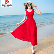 皮爾卡丹2025新款夏季無(wú)袖雪紡連衣裙波西米亞長(cháng)裙氣質(zhì)修身海邊度假沙灘裙 紅色 M 95-104斤