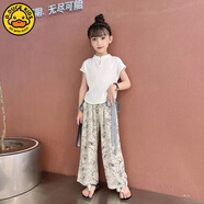 G·DUCK KIDS小黃鴨女童新中式套裝夏季短款上衣水墨畫闊腿褲中大童國風(fēng)休閑兩 A12連袖【白色】+A9百合花褲子 150