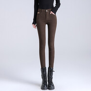 丹仔 米色牛仔褲女小腳褲2021新款秋冬高腰加絨加厚女褲彈力顯瘦緊身鉛筆褲長(cháng)褲 咖啡色加長(cháng)款 29碼 二尺二