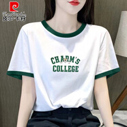 皮爾卡丹歐貨白色短袖t恤女2025夏季新款撞色正肩寬松體恤純棉設(shè)計(jì)感上衣 綠領(lǐng)【綠字母粉豹頭】 L