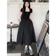 詩(shī)蒂淑微黑色赫本風(fēng)方領(lǐng)針織拼接連衣裙女收腰顯瘦短袖大擺裙子 黑色 圖片色 XL