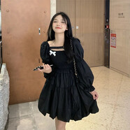 菲尼東爵（FNAADOOG）法式收拼接蓬蓬連衣裙2022春季新款赫本風(fēng)拼接短裙拼接黑色小黑裙 02黑色 S
