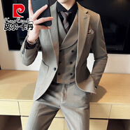 皮爾卡丹（pierre cardin）商務(wù)修身西服套裝男士春夏季新款呢料西裝三件套新郎結婚正裝禮服 SJT8339卡其色兩件套【西服+西褲】 2XL