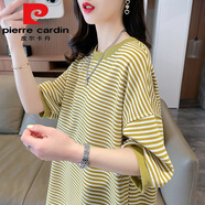 皮爾卡丹（pierre cardin）棉短袖t恤女2025新款大尺碼裝條紋夏裝寬松中長(zhǎng)款遮屁股洋氣上衣 黃色 L (適合111-140斤)