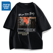 真維斯（Jeanswest）歐美潮牌短袖t恤男夏季純棉衣服大碼森系學(xué)生oversize時尚文化衫 黑色（日落城市） XL (180) (不起球不掉色)