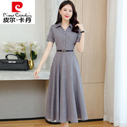 皮爾卡丹（pierre cardin）高端夏季棉麻連衣裙子女裝夏裝2024年新款收腰氣質(zhì)薄款女士中長裙 灰色【連衣裙女夏/一字肩連衣裙 M