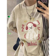 風采兔 100%純棉白灰色圓領(lǐng)短袖T恤女2022新款韓版酷風音樂小狗印花上衣 米白色 M