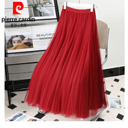 皮爾卡丹（pierre cardin）網(wǎng)紗半身裙女中長款720度大擺舞蹈裙新疆舞裙廣場舞紅裙子高腰字 酒紅色 【軟紗】 均碼 75厘米裙長身高1.45-1.55米