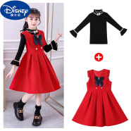 迪士尼（Disney）女童冬季連衣裙2023新款套裝兒童裝裙子洋氣毛呢背心裙秋冬公主裙 紅色 兩件套 裙子+毛衣 130cm