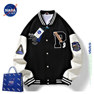 NASA LIKE官方外套春秋季美式毛巾繡棒球服男女情侶撞色拼接飛行員男士夾克 P字黑色 XL （建議120-130斤）