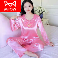 貓人（MiiOW）絲綢睡衣女春秋季冰真絲薄長(cháng)袖兩件套裝網(wǎng)紅睡衣家居服女士夏季 雙長(cháng)(粉色) L (95 110斤)