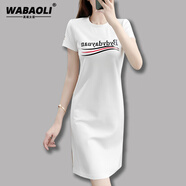 WABAOLI大碼連衣裙女2024夏裝新款字母印花寬松休閑胖妹妹開叉短袖直筒裙 白色 Bydydayuan XL 建議體重 (105-120斤)