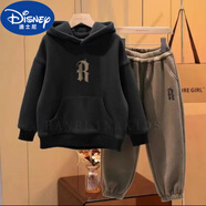 迪士尼（Disney）男童冬裝套裝2024新款中大童秋冬洋氣兒童男孩加絨加厚衛(wèi)衣兩件套 黑色【加絨兩件套】 140