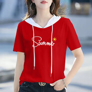 浪薔有帽孑的棉半袖帽衫女士半截袖連帽短袖T恤女夏季新款帶帽體恤 紅色-Summer 2XL (建議130-145斤)