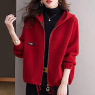 歌米拉（Gemila）短外套女士春秋款連帽新款棒球服女裝休閑開衫寬松外搭小香風(fēng)上衣 紅色 XL 120-130斤