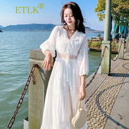 ETLK2025春夏裝新款蕾絲鏤空連衣裙白色甜美法式泡泡袖度假長裙沙灘裙 白色 七/分/袖 強烈推薦 L 109-118斤