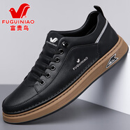 富貴鳥(niǎo)男鞋秋季真皮休閑皮鞋輕奢板鞋低幫男百搭隱形內增高鞋子小白鞋 黑色 40