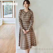 ROEYSHOUSE羅衣復古格子毛呢連衣裙秋裝新款泡泡袖系帶大擺中長(cháng)裙09587 格子 L