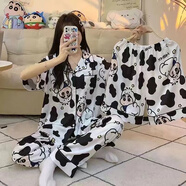 元族蠟筆小新睡衣女夏季短袖長(zhǎng)褲三件套裝棉質(zhì)薄款日系卡通學(xué)生家居服 PL三件套#奶牛小新 XL(115-130斤）