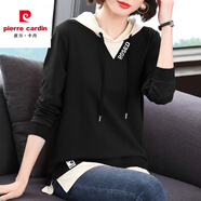 皮爾卡丹衛衣女假兩件春秋薄款2025新款連帽中長(cháng)款長(cháng)袖t恤大d碼打底上衣女 黑色 3XL 【建議140-160斤】