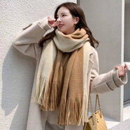 健卡丹圍巾女冬季長(cháng)款加厚韓版百搭針織毛線(xiàn)圍巾男秋冬學(xué)生軟妹情侶圍脖 左右拼 駝米 加厚