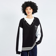 木果果木商場(chǎng)同款木果果木2024冬季寬松黑白色v領(lǐng)慵懶風(fēng)毛衣上衣女 黑色 S