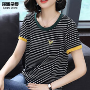 莎妮朵羅女裝夏200斤顯瘦款新品百搭條紋T恤女短袖Polo翻領(lǐng)寬松上衣14923 圓領(lǐng) 2XL 建議120-140斤穿著