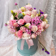 冉子花坊鮮花速遞粉玫瑰繡球混搭抱抱桶送老婆朋友生日禮物同城配送 粉色愛(ài)戀