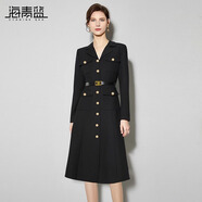海青藍(lán)（CYANINE SEA）時(shí)尚高級感單排扣中長裙女2024秋冬新款法式通勤收腰顯瘦連衣裙 黑色 M