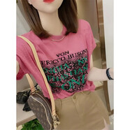 宜惜綺2023夏季新款涼感短袖t恤女寬松顯瘦字母T薄款冰絲針織衫蕾絲上衣 玫紅色 均碼（80-135斤）