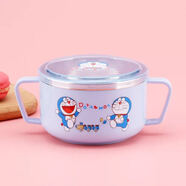 304不銹鋼幼兒童碗防摔防燙家用寶寶帶蓋雙耳小孩吃飯碗套裝卡通 北歐藍色叮當貓【單個(gè)碗】