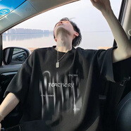佘曼萊純棉短袖t恤男夏季潮牌高街痞帥美式復(fù)古寬松休閑長袖體恤衫男裝 黑色 XL