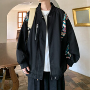 普戈斯（PUGESI）棒球服男外套春秋季胖子加大碼新款潮流寬松百搭拼色圓領夾克 J851黑色 常規(guī) 無帽款 2XL