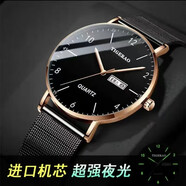 特雷格（TIGERAO）全自動機(jī)芯表防水夜光手表學(xué)生帥氣雙日歷全自動手表腕表時尚手表 069黑網(wǎng)帶金殼黑底