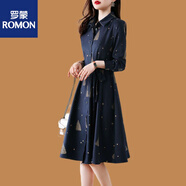 羅蒙（ROMON）長袖印花連衣裙貴夫人裙洋氣顯瘦中長裙秋30歲減齡原單連衣裙 高端品牌藏藍(lán)色 偏小+高檔品牌 2XL 建議110-125斤+高檔品牌