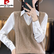 皮爾卡丹（pierre cardin）針織馬甲背心女士坎肩2025春秋新款無(wú)袖打底毛衣V領(lǐng)寬松外套 原絨駝 L