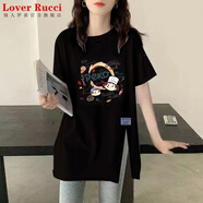 LOVER RUCCI黑色下擺開叉短袖t恤女夏季2025新款純棉寬松長t中長款遮屁股上衣 黑色開叉-不二家 XL 135-150斤
