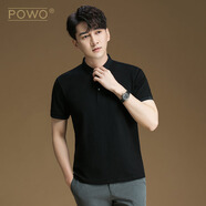 POWO夏季短袖polo衫男翻領(lǐng)黑色修身簡(jiǎn)約休閑潮流潮流帥氣純色男士t恤 極夜黑 M 碼（適合95-110斤）