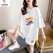 啄木鳥（TUCANO）胖mm大碼夏季女運(yùn)動(dòng)套裝女2025新款韓版寬松短袖短褲休閑跑步套裝 白色 (上衣+短褲) 4XL(175-200斤)