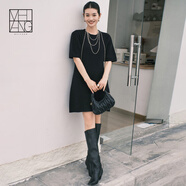 美洋（MEIYANG）小赫本連衣裙26支羊毛法式優(yōu)雅圓領(lǐng)五分袖針織短裙時(shí)尚新款針織裙 黑色 S