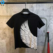 牧獸夏季精神小伙短袖男社會人帥氣半袖圓領翅膀T恤衣服 黑色  3XL