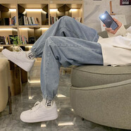 衣然呈品復古束腳牛仔褲男春秋新款高街潮牌寬松韓版潮流修身小腳九分褲子 淺藍色 S【建議90-105斤】