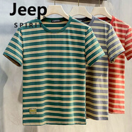 JEEP SPIRIT023夏季新款橫條紋短袖T恤男棉質(zhì)吸汗圓領(lǐng)體恤男裝水洗半袖上衣 綠色 4XL