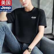 JEEP SPIRIT/吉普純棉短袖T恤男夏季新款圓領(lǐng)寬松大碼半袖情侶體恤衫運動(dòng)戶(hù)外 黑色 尺寸偏小建議購買(mǎi)大一個(gè)號 S [建議80-105斤]