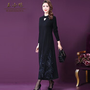 王小鴨純色長(cháng)款針織連衣裙女秋裝新款女羊毛燙鉆毛衣裙子 黑色 XL