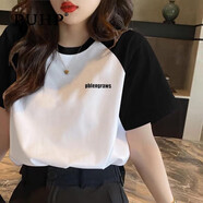 puhp女裝t恤女2025夏季新款歐貨短袖寬松顯瘦拼接撞色半袖上衣 白色/黑色插肩款撞色短袖 M_推薦100-115斤