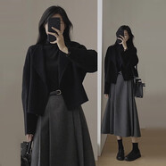 雪妃藍(lán)琪秋冬連衣裙2024新款女裝秋季搭配氣質(zhì)套裝毛呢外套法式高級感裙子 黑色呢子外套+灰色半身裙 M 【建議95-110斤】