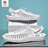 西域駱駝（VANCAMEL）手工編織涼鞋韓版個(gè)性夏季外穿透氣包頭洞洞涼拖鞋大碼男士沙灘鞋 白色 偏大，拍小一碼 41